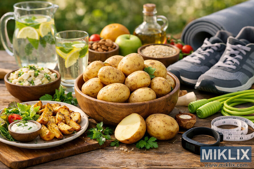 A rustic outdoor scene showing potatoes as part of a balanced diet, surrounded by fresh vegetables, water with lemon and mint, and fitness accessories symbolizing a healthy lifestyle. A rustic outdoor scene showing potatoes as part of a balanced diet, surrounded by fresh vegetables, water with lemon and mint, and fitness accessories symbolizing a healthy lifestyle.