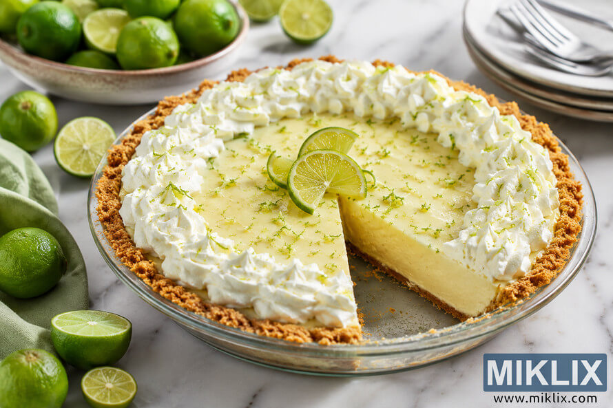 A freshly baked key lime pie made with authentic small key limes sits on a marble surface, topped with whipped cream, lime zest, and lime slices, with one slice removed to reveal the smooth creamy filling inside.