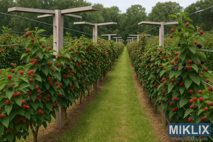 RangÃ©es de mÃ»riers semi-dressÃ©s, soutenus par un systÃ¨me de treillis double en T, avec des baies en maturation dans un verger verdoyant.