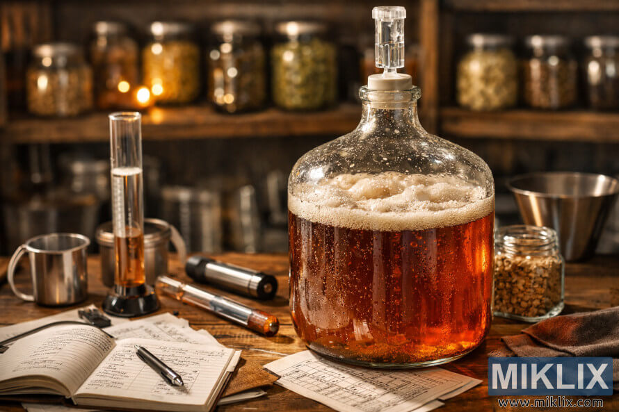 Close-up of a glass carboy fermenting amber beer on a wooden table, surrounded by brewing tools, notes, and warm ambient lights with ingredient jars blurred in the background.