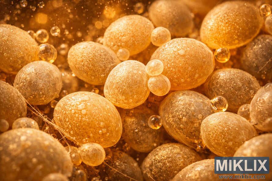 Macro microscope close-up of East Coast Ale yeast cells with warm golden tones and visible budding in a liquid medium.