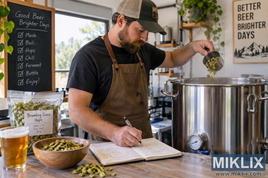 Homebrewer in a brown apron takes notes in a brewing notebook while adding Bramling Cross hops from a metal cup to a steaming stainless-steel kettle in a bright home brewery. Homebrewer in a brown apron takes notes in a brewing notebook while adding Bramling Cross hops from a metal cup to a steaming stainless-steel kettle in a bright home brewery.