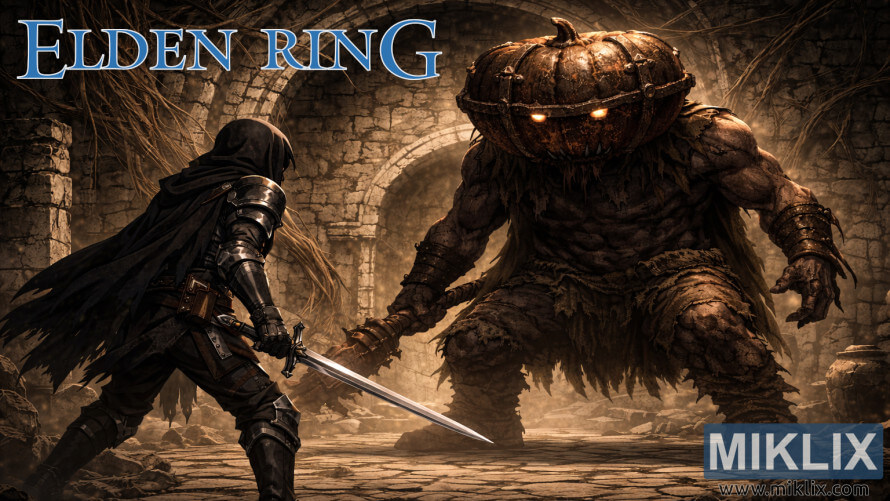 Dark fantasy fan art of a Black Knife armored Tarnished facing the Mad Pumpkin Head boss inside ancient underground stone ruins in Elden Ring. Dark fantasy fan art of a Black Knife armored Tarnished facing the Mad Pumpkin Head boss inside ancient underground stone ruins in Elden Ring.