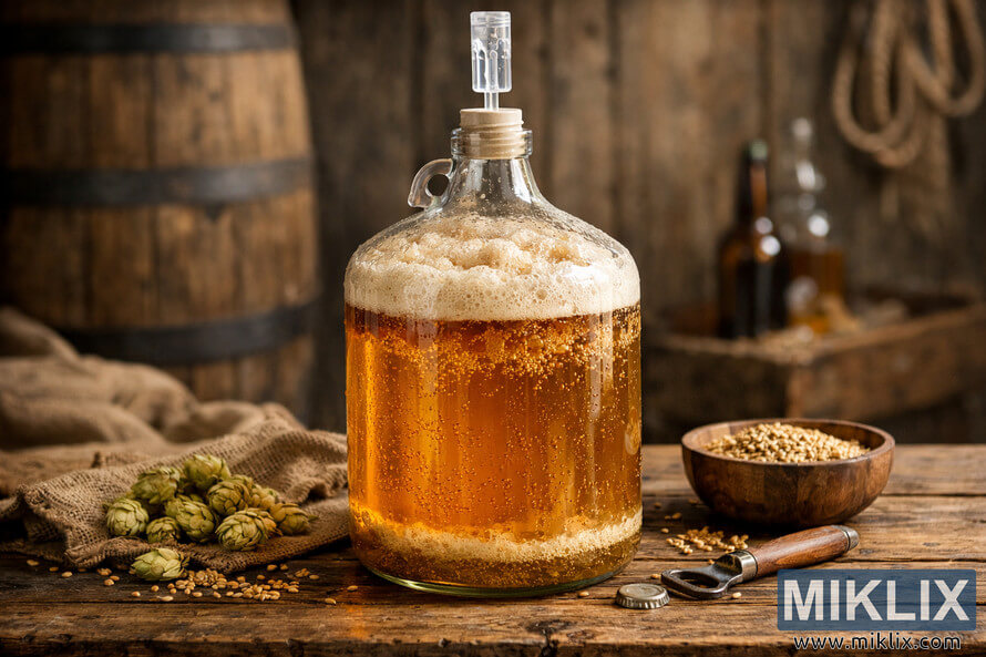 Glass carboy filled with fermenting European lager on a rustic wooden table, surrounded by hops and malt in warm natural light. Glass carboy filled with fermenting European lager on a rustic wooden table, surrounded by hops and malt in warm natural light.