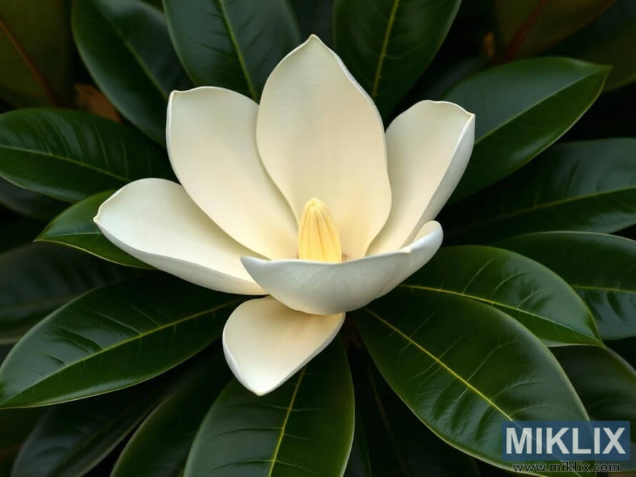 Large white Southern Magnolia flower with thick glossy green leaves. Large white Southern Magnolia flower with thick glossy green leaves.