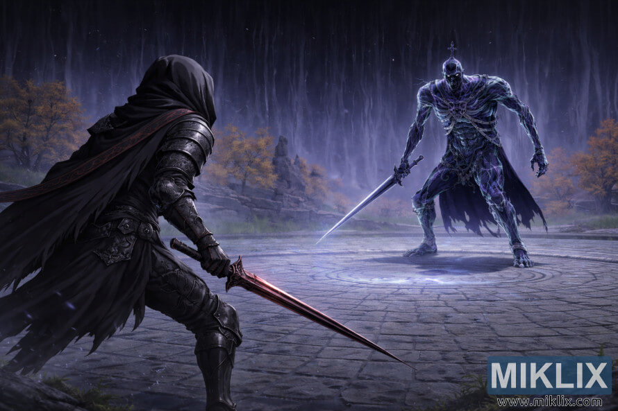 Weitwinklige Szene aus Elden Ring im Anime-Stil, die den Tarnished von hinten mit einem rot leuchtenden Schwert zeigt, der Bols, dem karischen Ritter, in Cuckoos Evergaol gegenÃ¼bersteht, im Hintergrund neblige Ruinen.