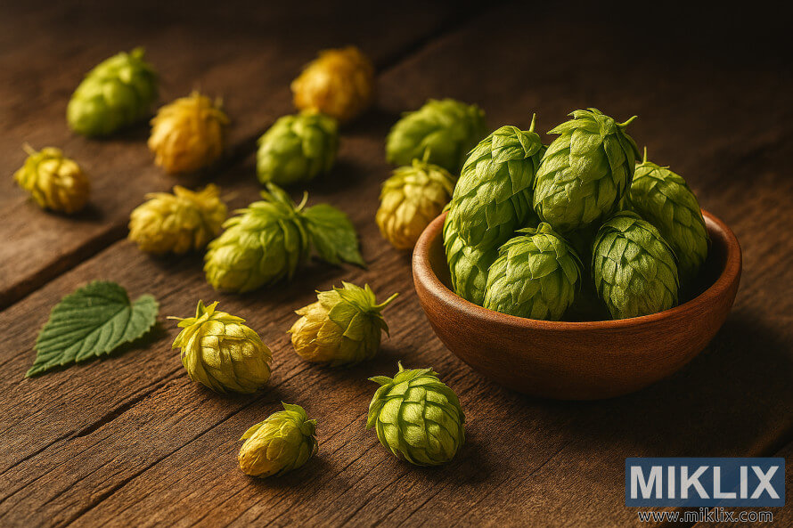 Puinen kulho tuoreita vihreitä Sovereign-humalakäpyjä sään kuluttamalla pöydällä, jossa on hajallaan humalakukkoja lämpimässä luonnonvalossa. Puinen kulho tuoreita vihreitä Sovereign-humalakäpyjä sään kuluttamalla pöydällä, jossa on hajallaan humalakukkoja lämpimässä luonnonvalossa.