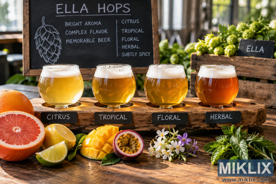 Craft beer tasting flight with four golden-to-amber beers labeled citrus, tropical, floral and herbal, surrounded by fresh hops, citrus fruit, mango, passion fruit, flowers and herbs.