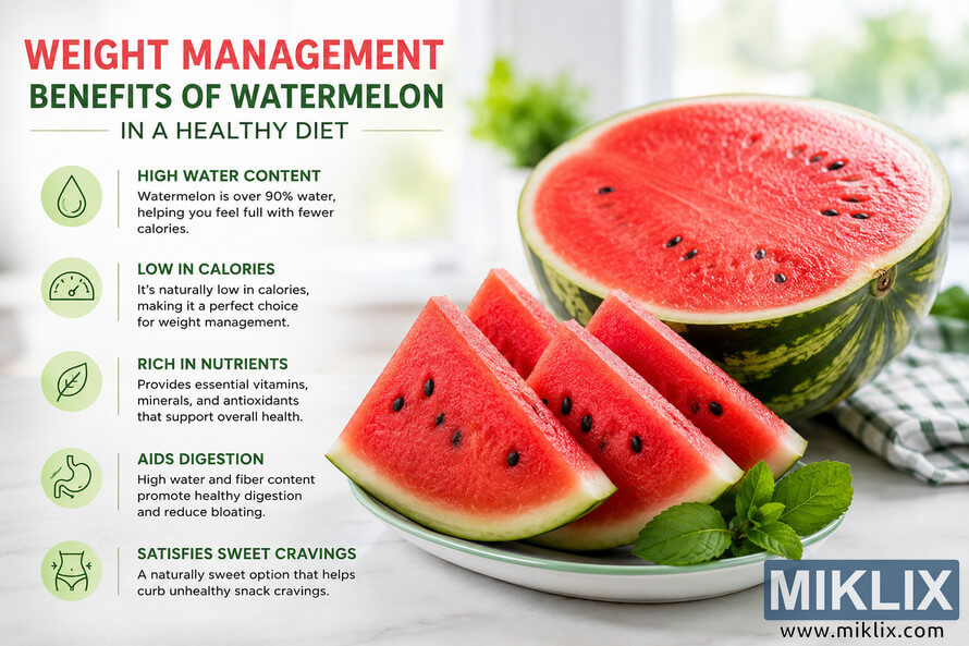 Landscape infographic showing fresh watermelon halves and slices with mint beside educational panels explaining hydration, low calories, nutrients, digestion support, and sweet craving satisfaction as part of a healthy weight management diet. Landscape infographic showing fresh watermelon halves and slices with mint beside educational panels explaining hydration, low calories, nutrients, digestion support, and sweet craving satisfaction as part of a healthy weight management diet.