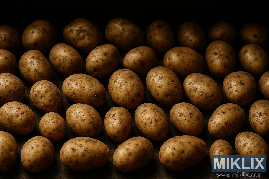 Freshly harvested potatoes laid out in a single layer on a dark surface for curing