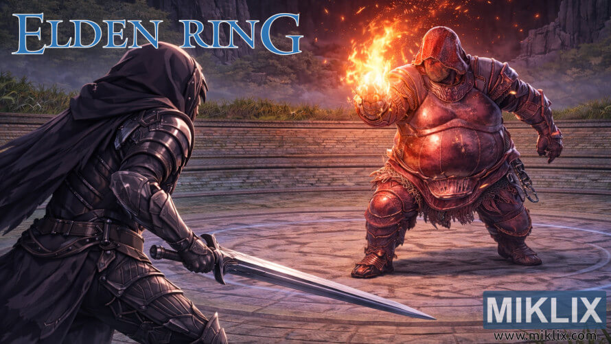 Fan art showing the Tarnished in Black Knife armor wielding a sword against Adan, Thief of Fire, inside Malefactor’s Evergaol in Elden Ring.