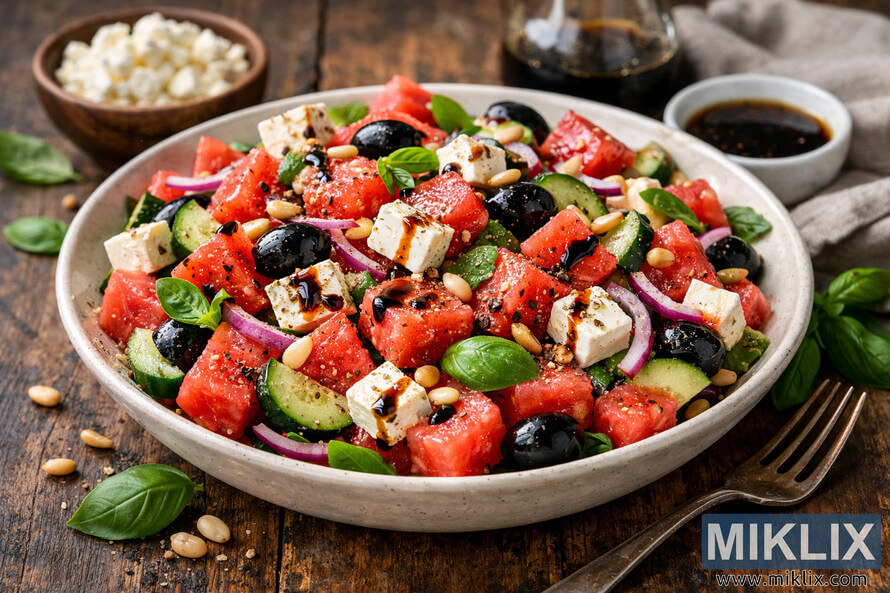 Landscape photo of a savory watermelon feta salad in a large off-white ceramic bowl on a rustic wooden table. The salad features bright red watermelon cubes, creamy white feta cheese, pale green cucumber half-moons, thin purple red onion slivers, glossy black olives, fresh green basil leaves, and scattered pine nuts. Landscape photo of a savory watermelon feta salad in a large off-white ceramic bowl on a rustic wooden table. The salad features bright red watermelon cubes, creamy white feta cheese, pale green cucumber half-moons, thin purple red onion slivers, glossy black olives, fresh green basil leaves, and scattered pine nuts.