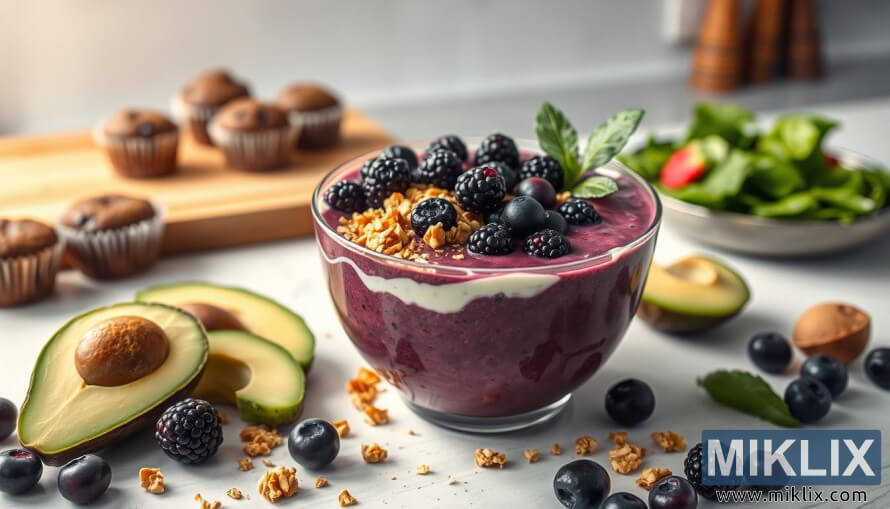 Smoothie-kulho aroniamarjoilla, jogurtilla, avokadolla, kiivilla ja granolalla.