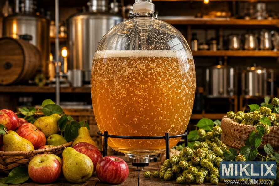 Close-up photograph of a glass fermentation vessel filled with actively bubbling golden beer on a rustic wooden table, surrounded by fresh apples, pears, and green hop cones in a warmly lit craft brewery with softly blurred brewing equipment in the background. Close-up photograph of a glass fermentation vessel filled with actively bubbling golden beer on a rustic wooden table, surrounded by fresh apples, pears, and green hop cones in a warmly lit craft brewery with softly blurred brewing equipment in the background.