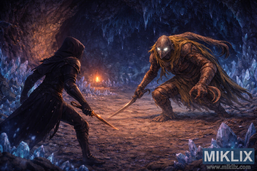 Ampla cena de fantasia em estilo anime, mostrando o Tarnished com armadura Black Knife encarando o Cavaleiro Bloodhound dentro de uma caverna de cristal brilhante, momentos antes do combate.