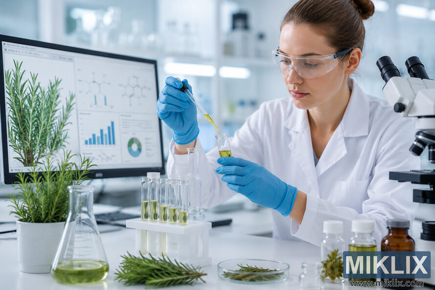 Research scientist analyzing rosemary extract in a modern laboratory using a pipette, test tubes, microscope, and botanical samples while reviewing scientific data on a computer monitor. Research scientist analyzing rosemary extract in a modern laboratory using a pipette, test tubes, microscope, and botanical samples while reviewing scientific data on a computer monitor.