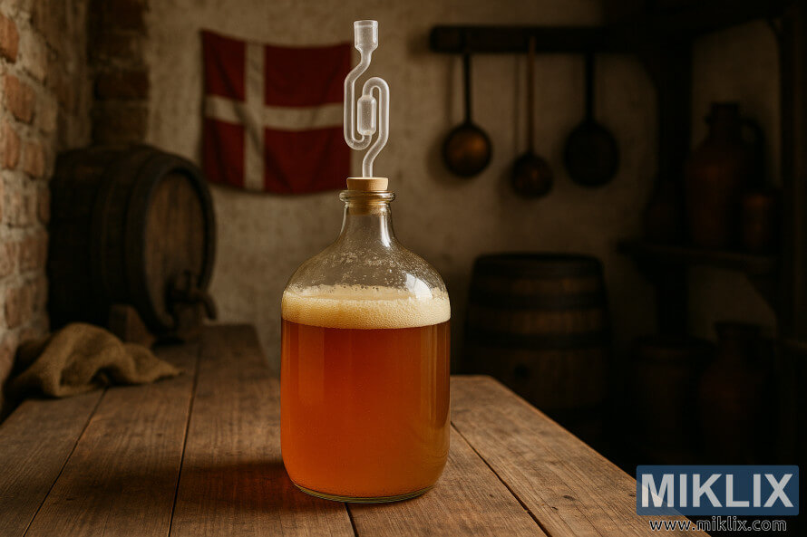 A glass carboy of fermenting Danish lager with a proper airlock, placed on a wooden table in a rustic Danish homebrewing room. A glass carboy of fermenting Danish lager with a proper airlock, placed on a wooden table in a rustic Danish homebrewing room.