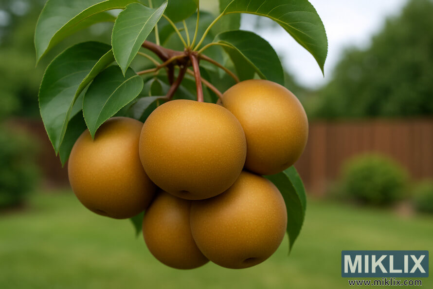 Close-up of large Korean Giant Asian pears with golden-brown skins hanging in a cluster among green leaves.