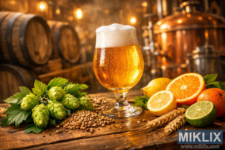 A glass of golden saison beer with a frothy head sits on a rustic wooden table surrounded by hops, citrus fruits, and grains, with warm brewery lighting and barrels in the background. A glass of golden saison beer with a frothy head sits on a rustic wooden table surrounded by hops, citrus fruits, and grains, with warm brewery lighting and barrels in the background.