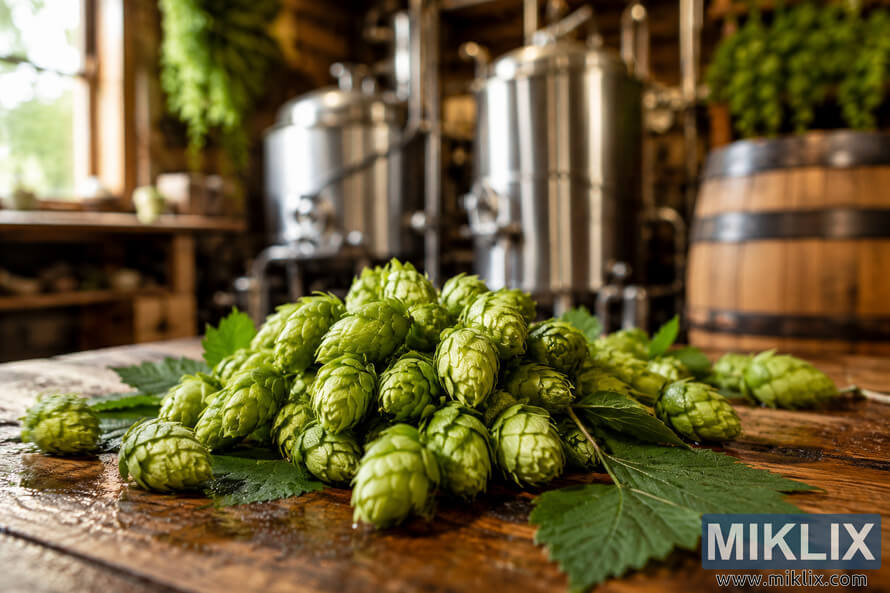 Close-up of freshly harvested Universal hops resting on a rustic wooden table with green hop leaves, illuminated by soft natural light, while blurred stainless steel brewing equipment and wooden barrels create a warm artisanal brewery background. Close-up of freshly harvested Universal hops resting on a rustic wooden table with green hop leaves, illuminated by soft natural light, while blurred stainless steel brewing equipment and wooden barrels create a warm artisanal brewery background.