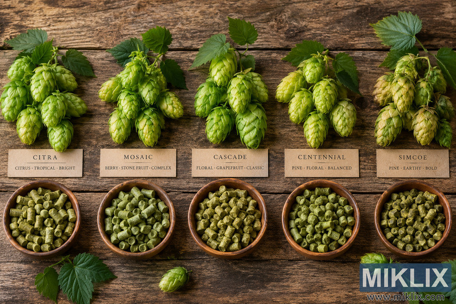 Overhead landscape photo of five hop varieties arranged on rustic wood, with fresh green hop cones and leaves above labeled cards and matching bowls of green hop pellets below.