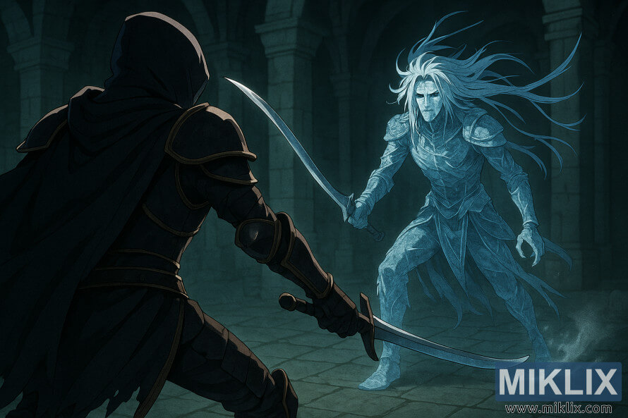 Anime-style scene of the Tarnished seen from behind facing the Ancient Hero of Zamor in an icy, ancient hall.