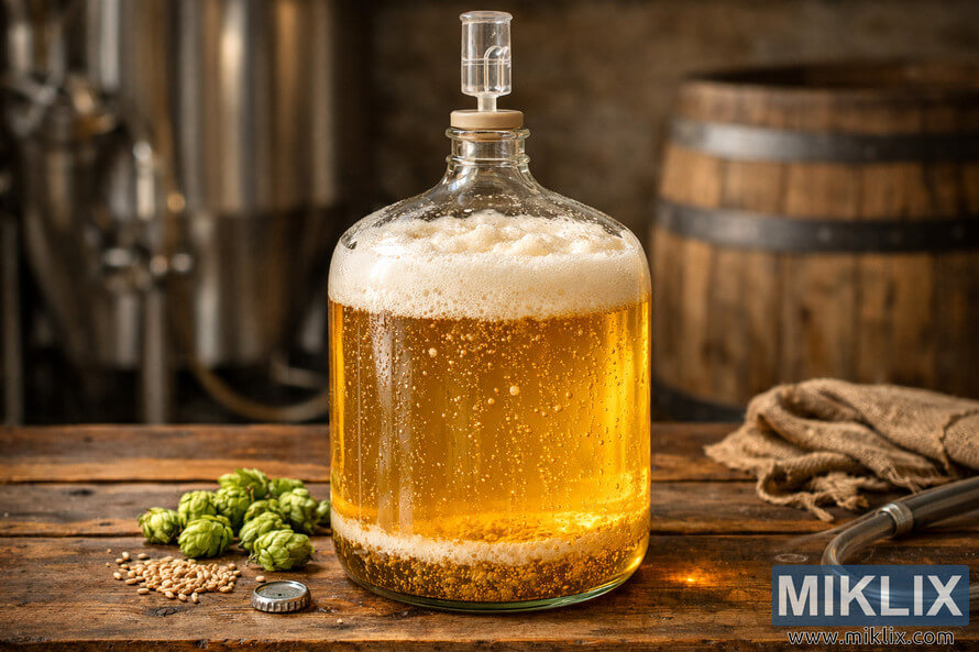 A glass carboy filled with golden American lager fermenting on a rustic wooden table, surrounded by hops, barley, and brewing equipment in a warm, softly lit brewery setting. A glass carboy filled with golden American lager fermenting on a rustic wooden table, surrounded by hops, barley, and brewing equipment in a warm, softly lit brewery setting.