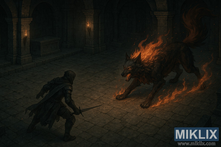 Escena semirrealista de un Tarnished encapuchado enfrentÃ¡ndose al Lobo Rojo en llamas dentro de una cripta de piedra oscura.