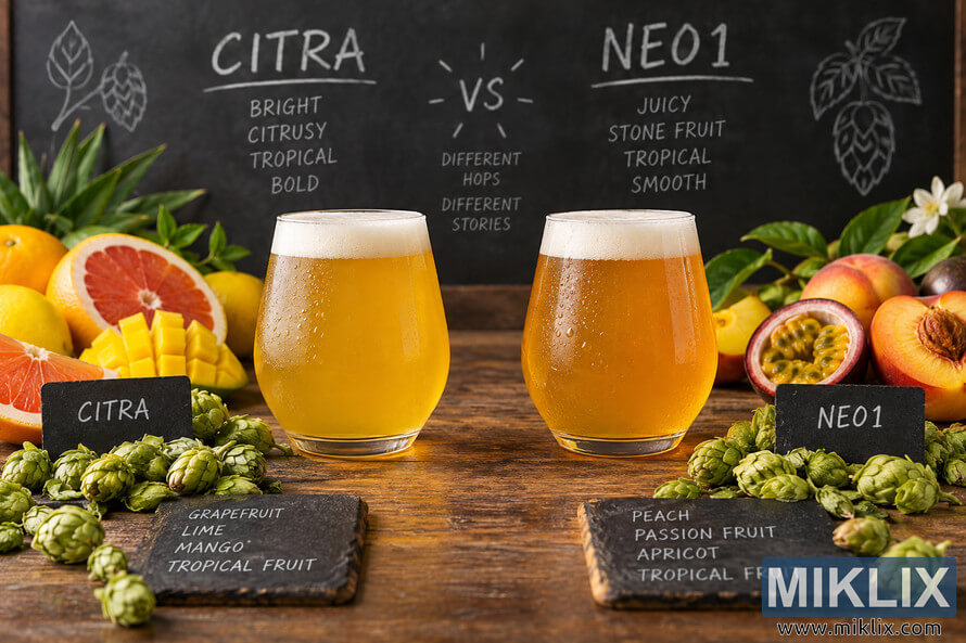 Two chilled golden beers displayed side by side on a rustic wooden table, comparing Citra and Neo1 hop character. Citra is surrounded by grapefruit, citrus, mango and green hops, while Neo1 is paired with peach, passion fruit, apricot and hops. A chalkboard behind the glasses lists bright citrus and tropical notes for Citra and juicy stone-fruit and tropical notes for Neo1.