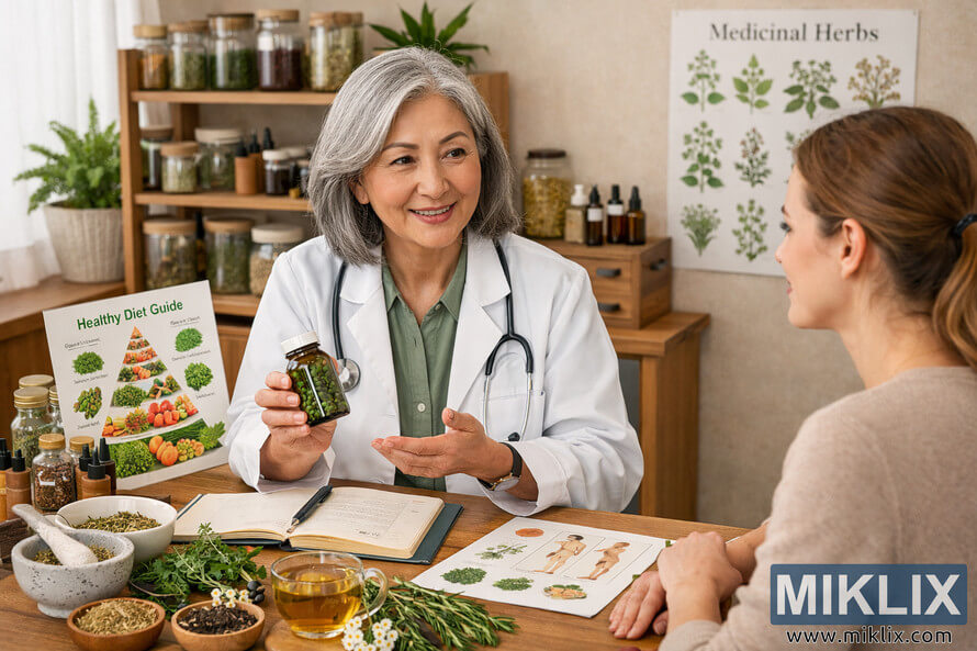 An herbalist and a patient discuss herbs and diet during a healthcare consultation in a bright, natural office setting. An herbalist and a patient discuss herbs and diet during a healthcare consultation in a bright, natural office setting.