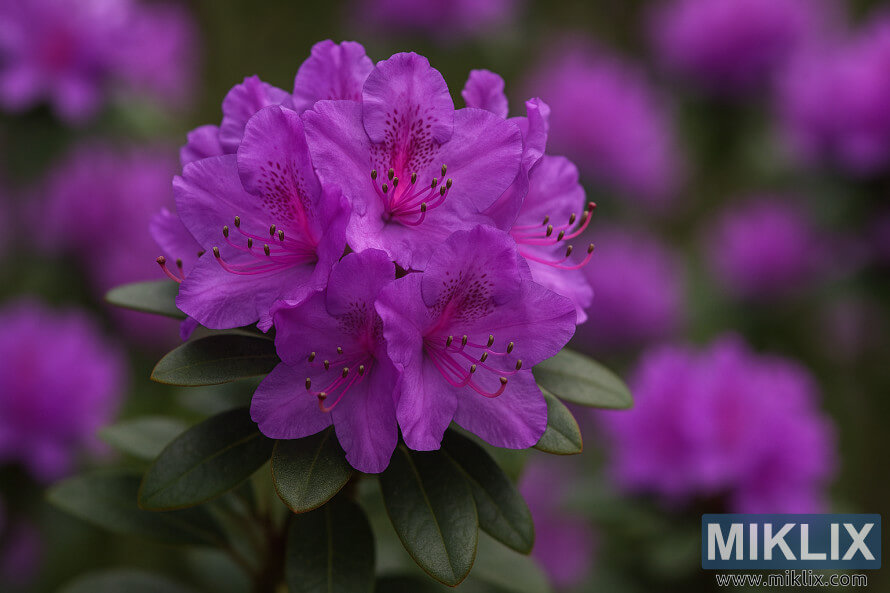 Gros plan du rhododendron PJM Elite avec des fleurs violettes Ã©clatantes et un feuillage vert foncÃ©.