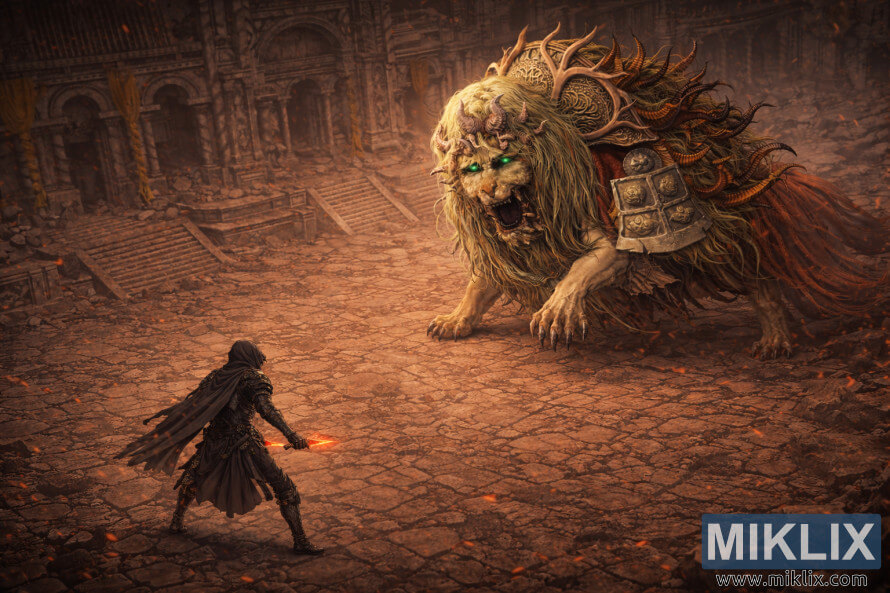 ပျက်စီးနေသော ဘုရားကျောင်းဝင်းအတွင်းရှိ ဧရာမ Divine Beast Dancing Lion တစ်ကောင်ကို မျက်နှာမူထားသည့် Tarnished in Black Knife သံချပ်ကာ၏ ကိုယ်ထည်တစ်ခုလုံးကို ပြသထားသည့် Isometric anime ပရိသတ်အနုပညာ။