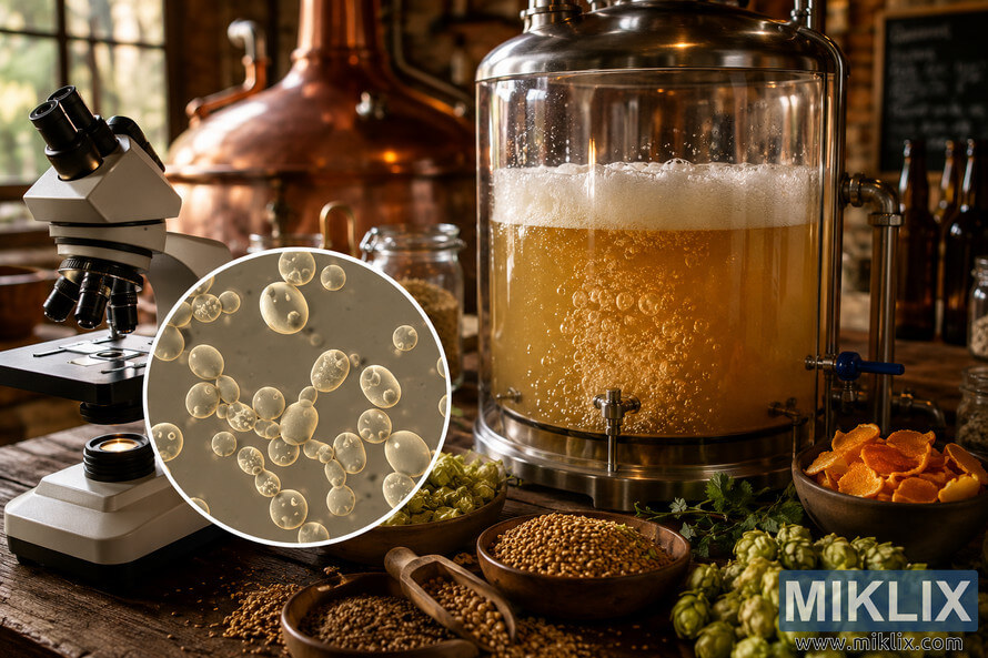 Detailed scientific illustration-style photograph of Belgian brewerâs yeast cells viewed under a microscope beside a fermentation vessel with bubbling wort, hops, coriander, and orange peel in a warm craft brewery setting.