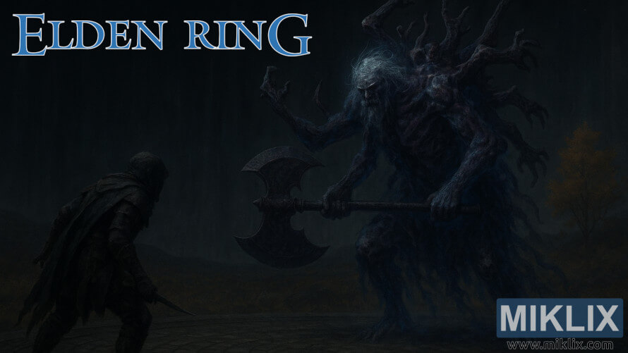 Gambar fan art fantasi gelap yang menampilkan Tarnished bertarung melawan Godefroy the Grafted di Golden Lineage Evergaol, Elden Ring.