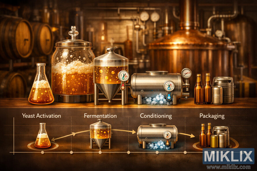 Landscape illustration of a lager beer fermentation timeline showing yeast activation, fermentation, conditioning, and packaging with vessels, gauges, and a cozy brewery background.