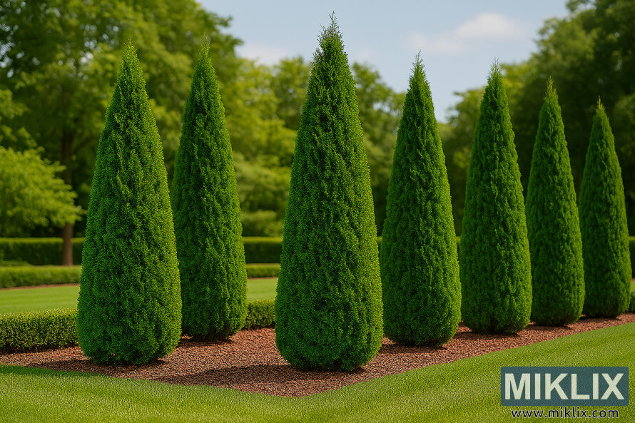 RangÃ©e symÃ©trique dâarbres Arborvitae vert Ã©meraude Ã  forme colonnaire compacte dans un cadre de jardin formel