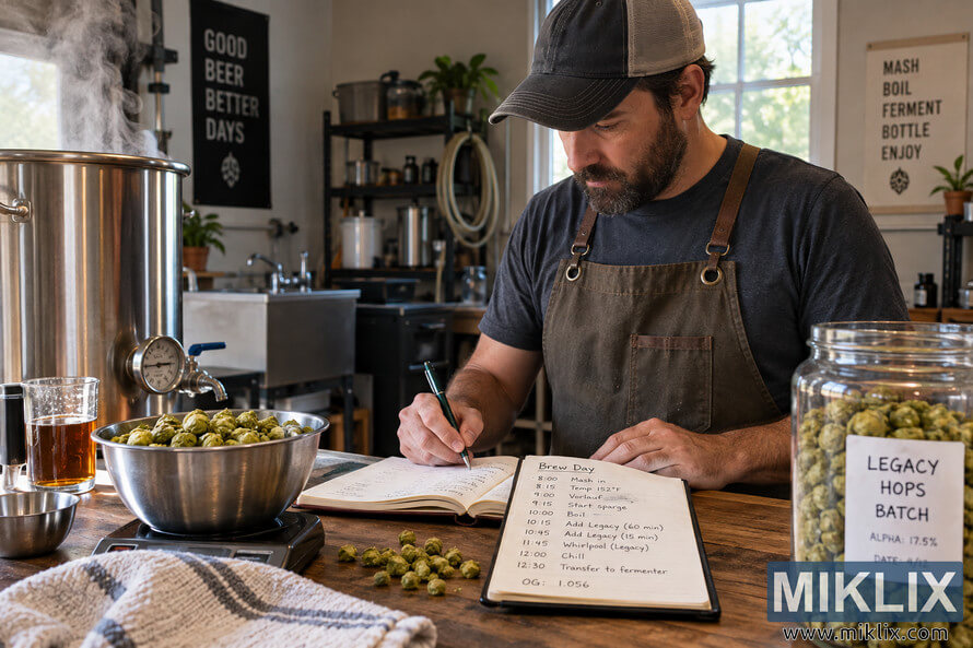 Homebrewer in an apron writes brew-day notes at a wooden workbench beside a steaming stainless-steel kettle, fresh hops, brewing equipment, and a jar labeled Legacy hops batch. Homebrewer in an apron writes brew-day notes at a wooden workbench beside a steaming stainless-steel kettle, fresh hops, brewing equipment, and a jar labeled Legacy hops batch.