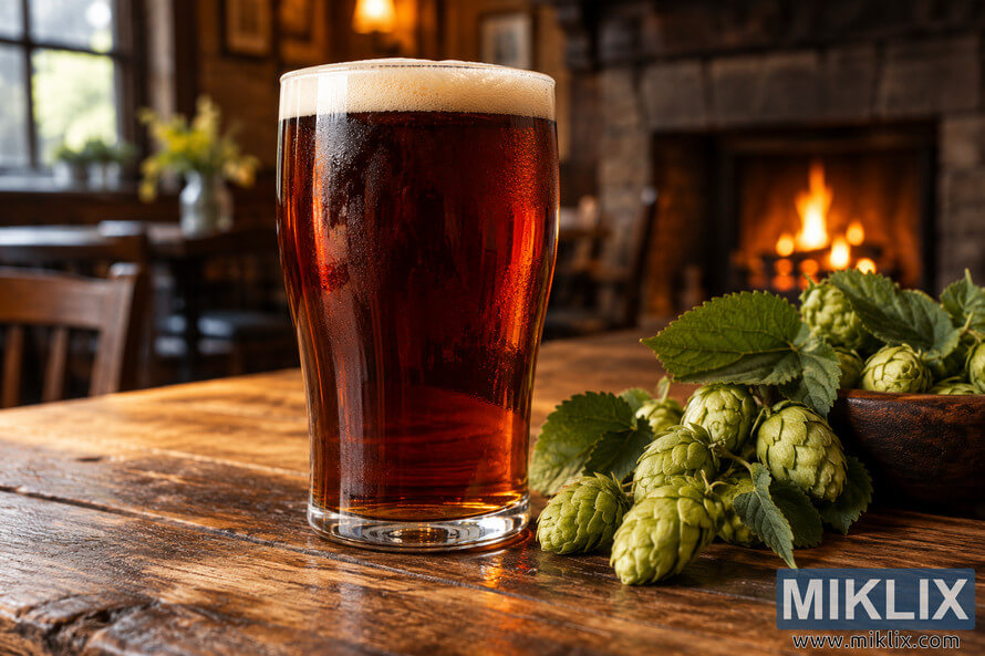 Landscape photograph of an unbranded traditional pub glass filled with deep amber-brown English Brown Ale beside fresh green Defender hop cones and leaves on a rustic wooden table, with a softly blurred stone fireplace and warm pub interior in the background. Landscape photograph of an unbranded traditional pub glass filled with deep amber-brown English Brown Ale beside fresh green Defender hop cones and leaves on a rustic wooden table, with a softly blurred stone fireplace and warm pub interior in the background.