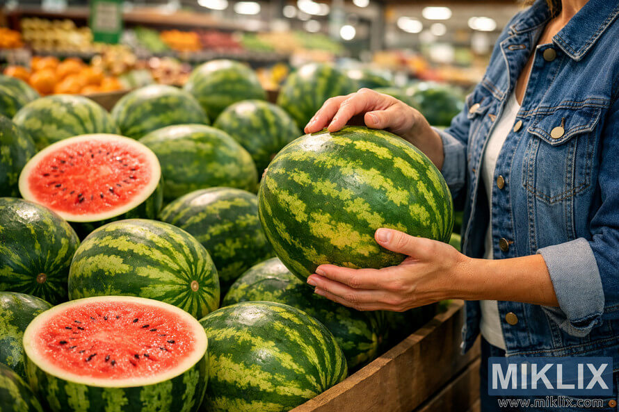 Shopper selecting a ripe watermelon at a grocery store produce section, surrounded by whole and halved watermelons. Shopper selecting a ripe watermelon at a grocery store produce section, surrounded by whole and halved watermelons.
