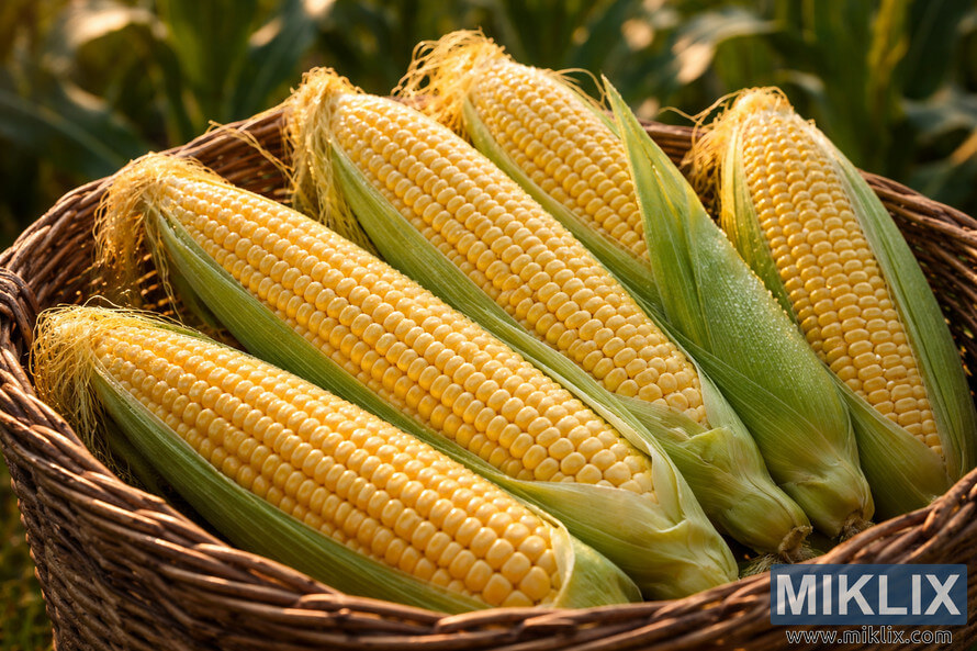 Freshly harvested corn ears with dew resting in a woven basket during golden morning light
