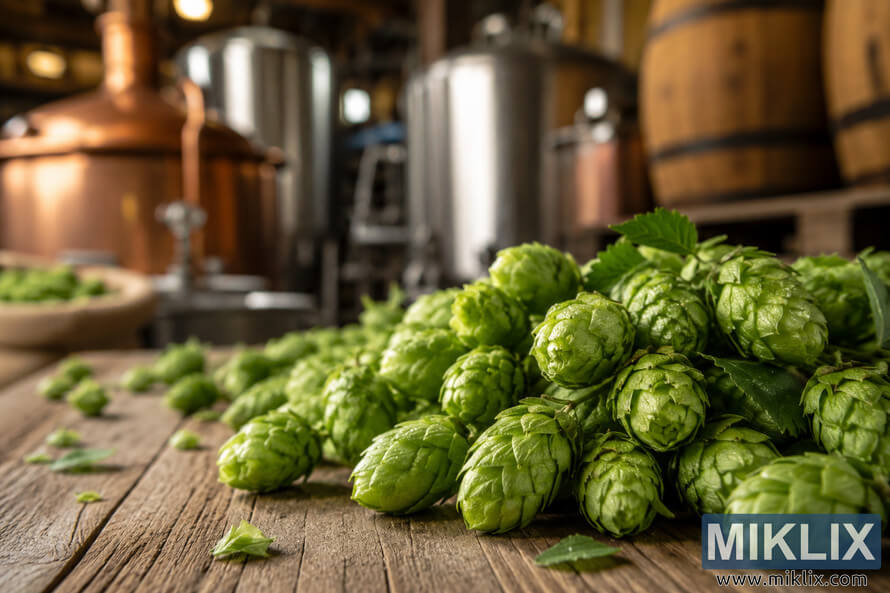Close-up landscape image of vibrant green hop cones covered with dewdrops on a rustic wooden table, with softly blurred brewing equipment, fermentation vessels, and oak barrels in the background under warm natural light. Close-up landscape image of vibrant green hop cones covered with dewdrops on a rustic wooden table, with softly blurred brewing equipment, fermentation vessels, and oak barrels in the background under warm natural light.