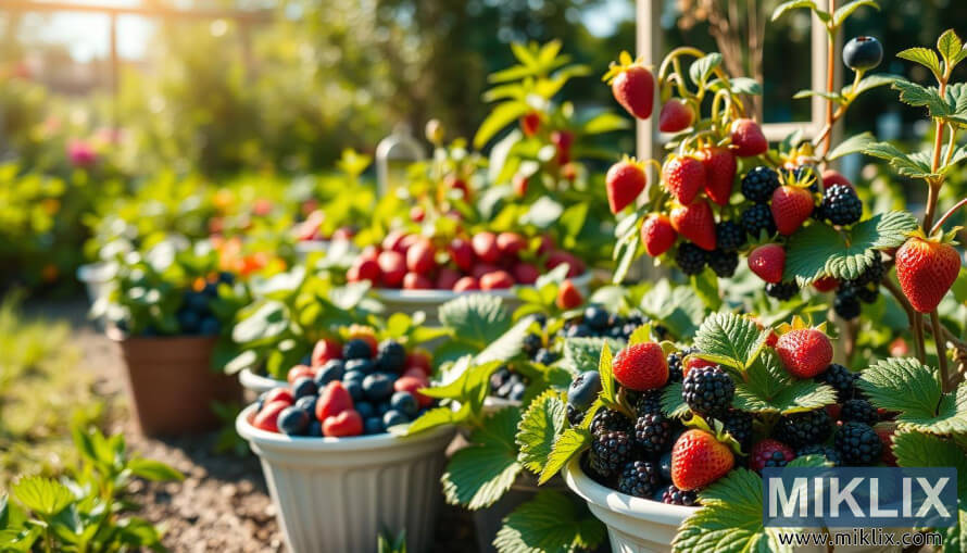 Pots of ripe blackberries, strawberries, and blueberries in a sunlit garden.