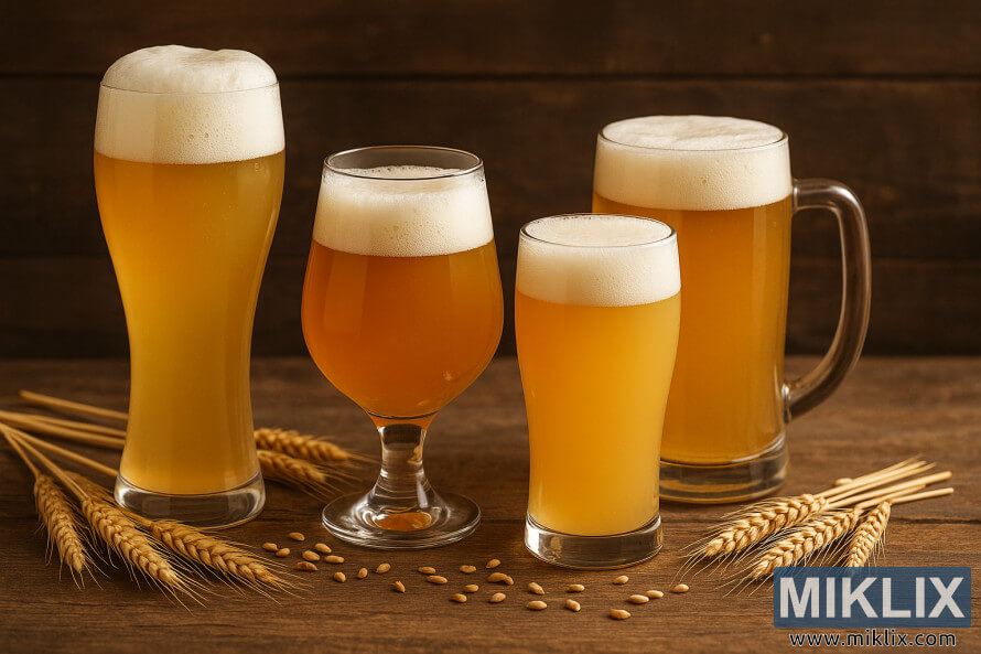 Äetiri pÅ¡eniÄna piva u razliÄitim ÄaÅ¡ama na rustikalnom drvenom stolu sa stabljikama i zrnima pÅ¡enice. Äetiri pÅ¡eniÄna piva u razliÄitim ÄaÅ¡ama na rustikalnom drvenom stolu sa stabljikama i zrnima pÅ¡enice.