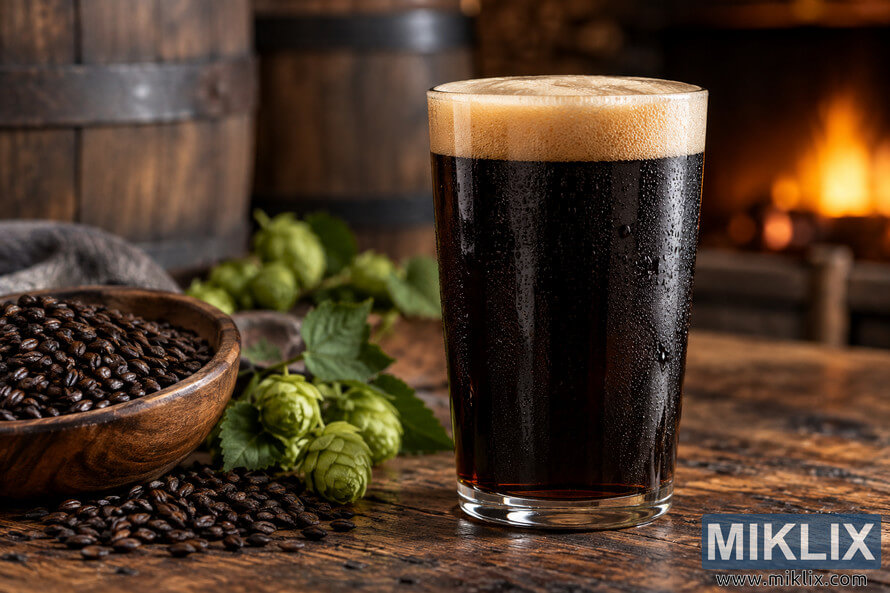 Dark robust porter with a creamy tan head in a traditional pint glass, surrounded by green hops and roasted grain on a rustic wooden table with barrels and a warm fire in the background.