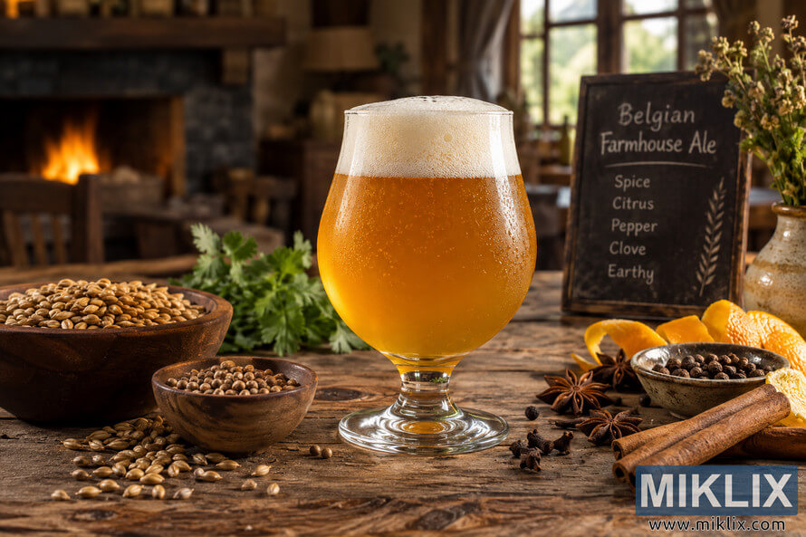 Golden Belgian farmhouse ale in a condensation-covered glass surrounded by grains, citrus peel, herbs, pepper, cloves, star anise and cinnamon on a rustic wooden table. Golden Belgian farmhouse ale in a condensation-covered glass surrounded by grains, citrus peel, herbs, pepper, cloves, star anise and cinnamon on a rustic wooden table.
