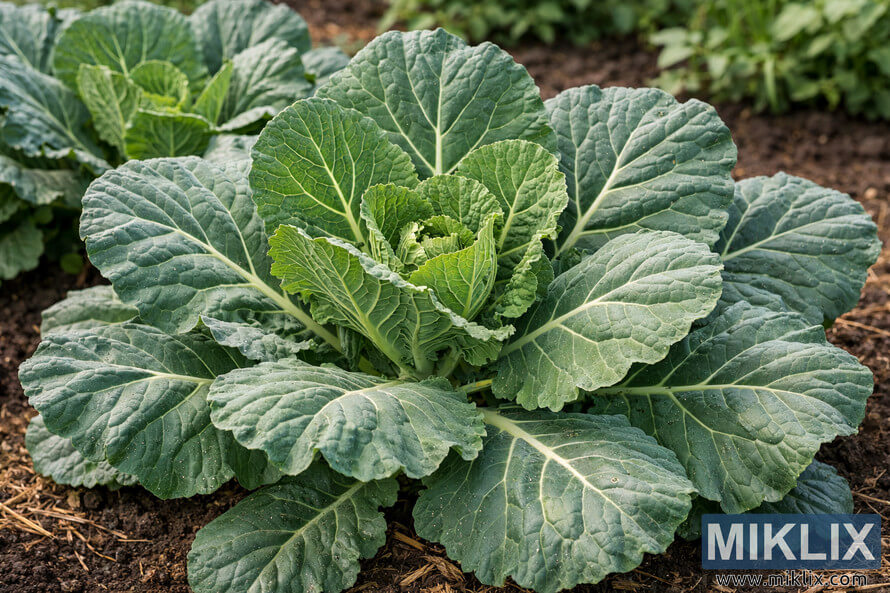 Close-up of collard greens plant with large green leaves growing in a garden bed. Close-up of collard greens plant with large green leaves growing in a garden bed.