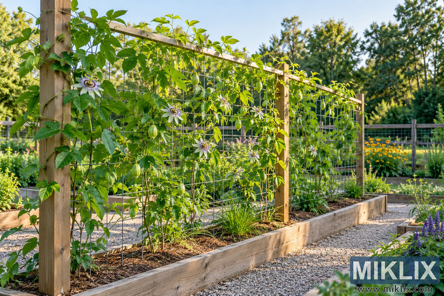 Maypop vines with purple-and-white flowers climbing a wooden and wire trellis beside raised garden beds and gravel paths. Maypop vines with purple-and-white flowers climbing a wooden and wire trellis beside raised garden beds and gravel paths.
