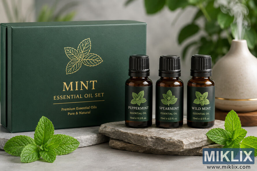 Luxury mint essential oil gift set with three amber glass bottles labeled peppermint, spearmint, and wild mint displayed beside a dark green premium storage box on natural stone slabs with fresh mint leaves and a steaming diffuser in a calming spa-inspired setting. Luxury mint essential oil gift set with three amber glass bottles labeled peppermint, spearmint, and wild mint displayed beside a dark green premium storage box on natural stone slabs with fresh mint leaves and a steaming diffuser in a calming spa-inspired setting.