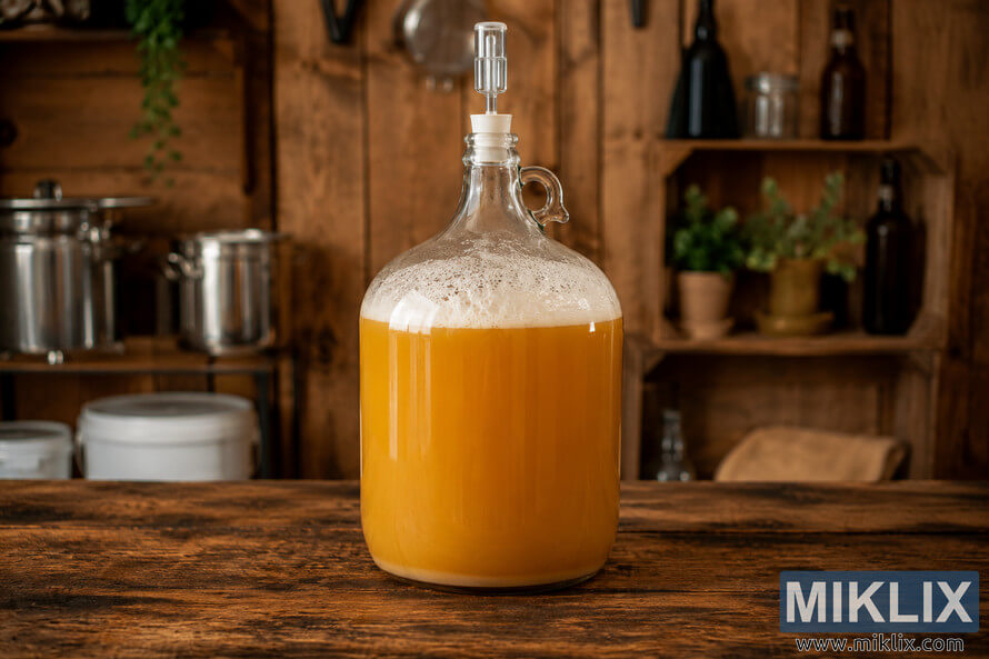 Landscape photograph of a hazy New England IPA fermenting inside a clear glass carboy with a fermentation airlock, placed on a rustic wooden table in a warm traditional homebrewing workshop with brewing equipment and wooden shelving in the softly blurred background. Landscape photograph of a hazy New England IPA fermenting inside a clear glass carboy with a fermentation airlock, placed on a rustic wooden table in a warm traditional homebrewing workshop with brewing equipment and wooden shelving in the softly blurred background.