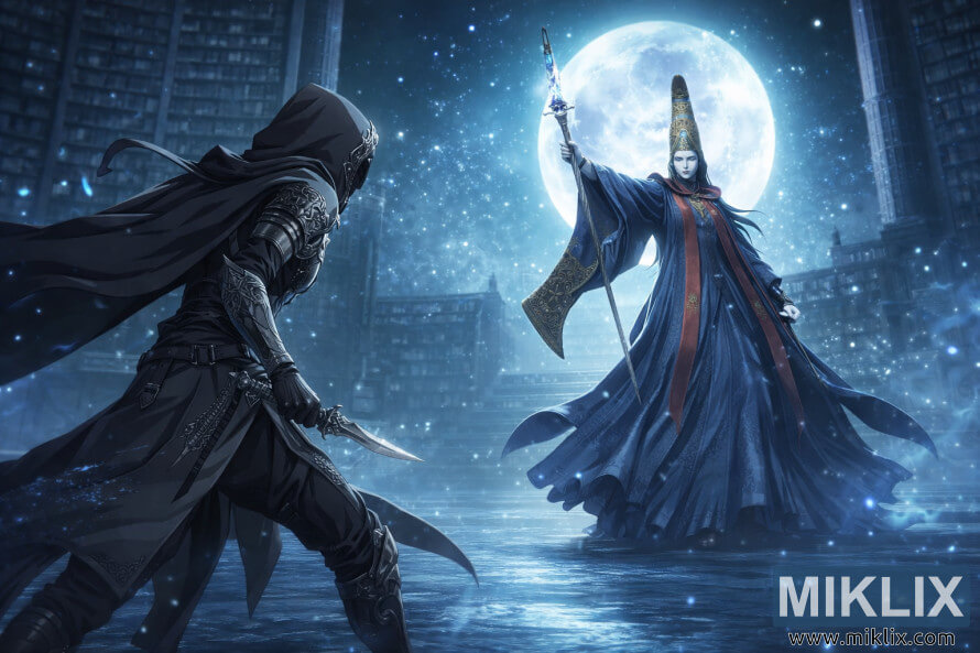 Fan art de style anime montrant le Sans-Ã©clat en armure de couteau noir face Ã  Rennala, Reine de la Pleine Lune, dans la bibliothÃ¨que baignÃ©e de lune de lâAcadÃ©mie Raya Lucaria juste avant la bataille.